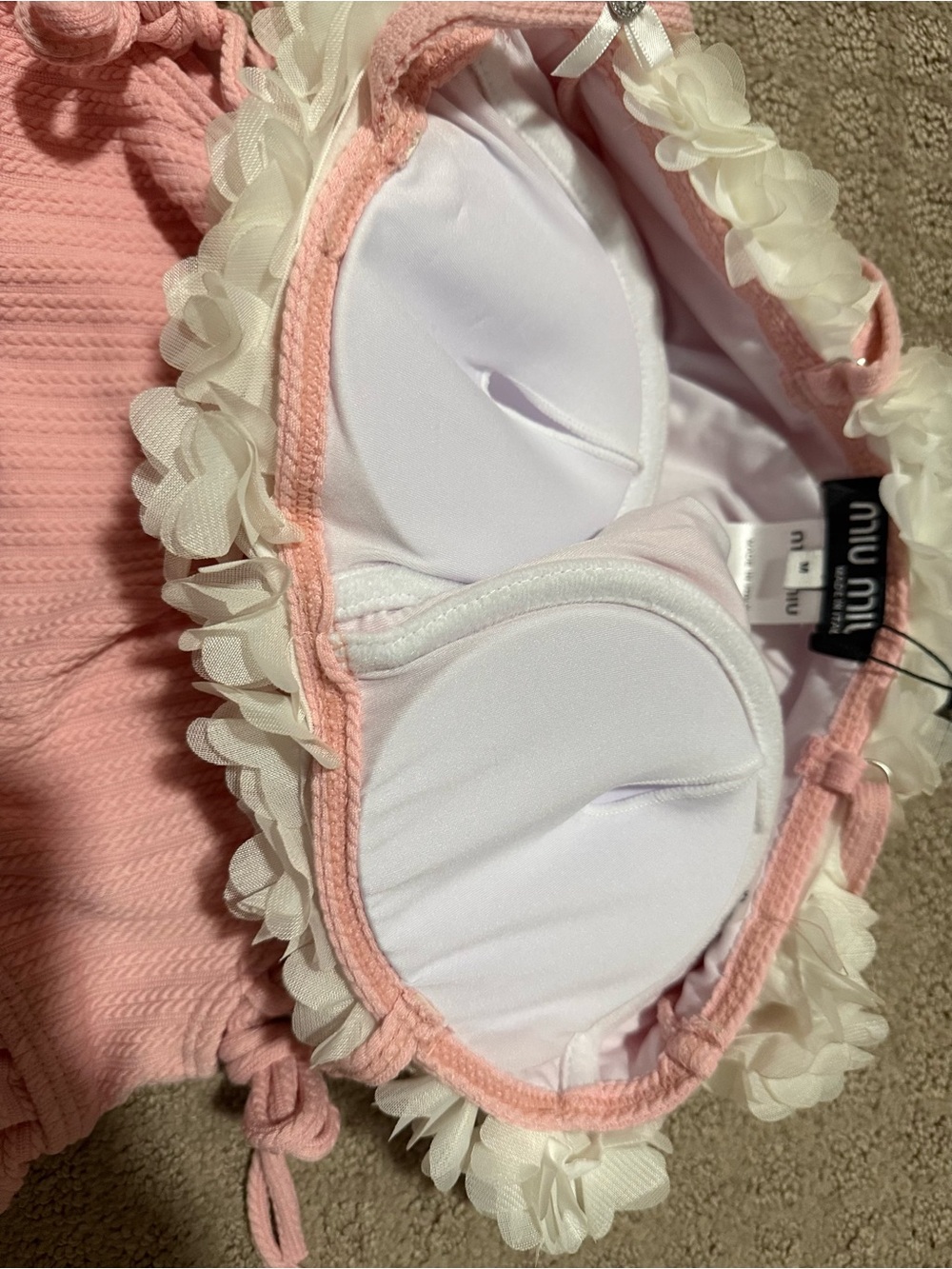 Miu Miu Pink Ribbed One-Piece with White Floral Trim - Picture 3 of 4
